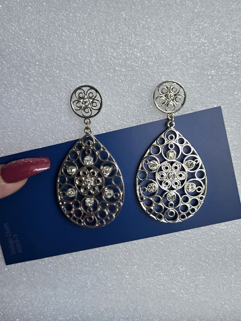Silver Filigree Teardrop Dangle Earrings with Sparkle - Picture 10 of 16